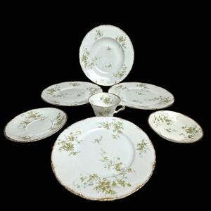 Theodore Haviland Limoges France China Set Green Floral Gold Scalloped 7 Piece